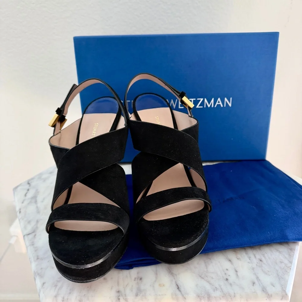 🖤 Stuart Weitzman Hester Strappy Black Suede Platform Stiletto Heels 6.5